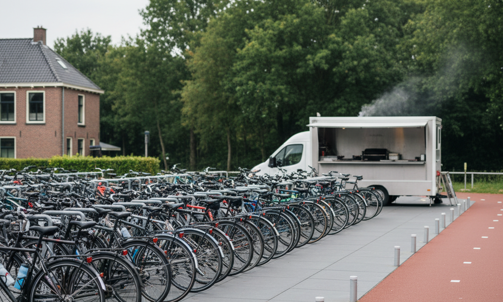 Afgescheiden fietsenstalling en looproute naast een mobiele cateringwagen op een Nederlands evenement.