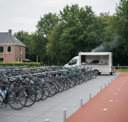 Afgescheiden fietsenstalling en looproute naast een mobiele cateringwagen op een Nederlands evenement.